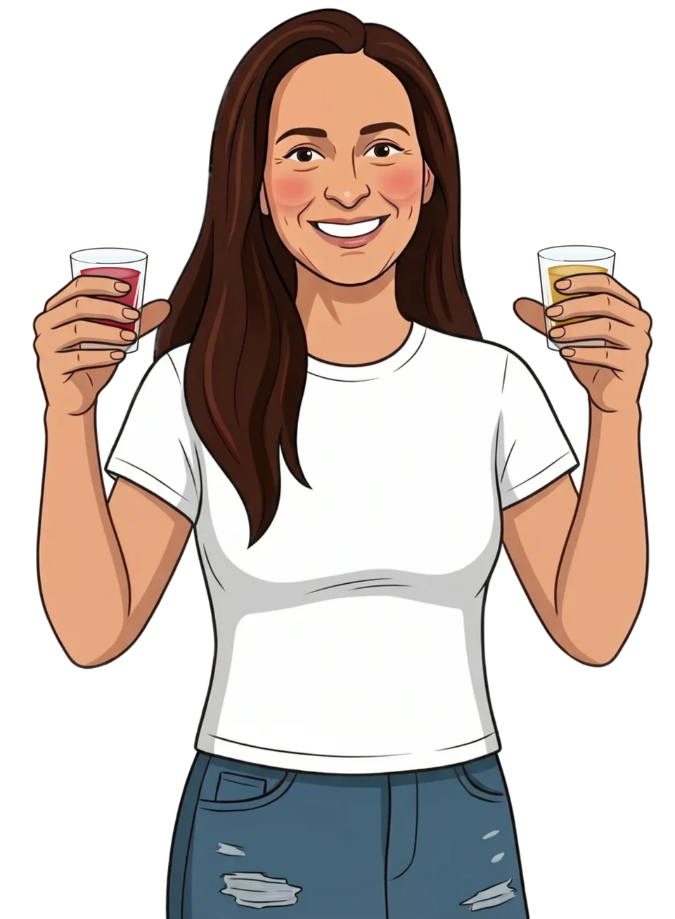 Anette Fredlund från Sports Club Oasen, tecknad, med ett glas ingefärashot med hallon och ett glas Jag vill inte bli sjuk-shot