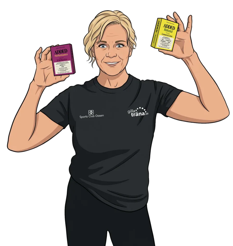 Barbro Herrlin, grundare av och instruktör på GillaTRÄNA, tecknad, med kartongerna ADDED Performance och ADDED Reload